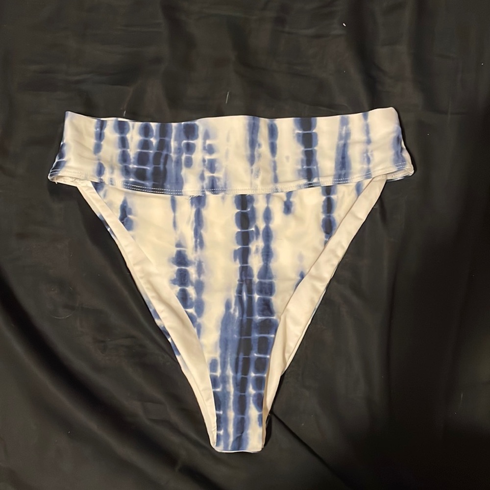white and blue high waisted cheeky bottoms and triangle 2 string top